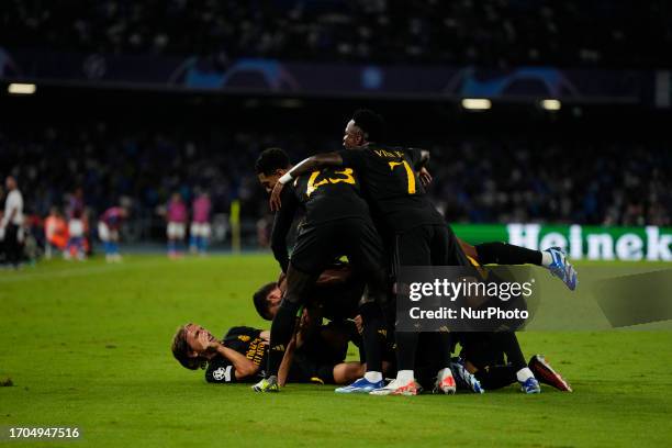 Federico Valverde central midfield of Real Madrid and Uruguay celebrates after scoring his sides first goal during the UEFA Champions League match...