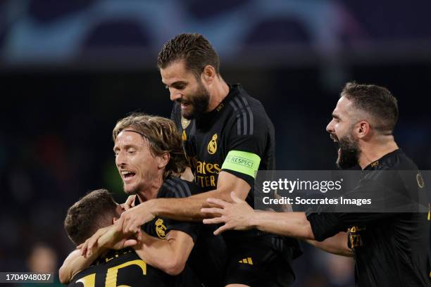 Fede Valverde of Real Madrid celebrates 1-2 with Luka Modric of Real Madrid Nacho Fernandez of Real Madrid, Dani Carvajal of Real Madrid during the...