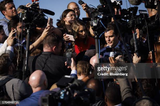 Representative Matt Gaetz, a Republican from Florida, right, speaks to members of the media outside the US Capitol in Washington, DC, US, on Tuesday,...