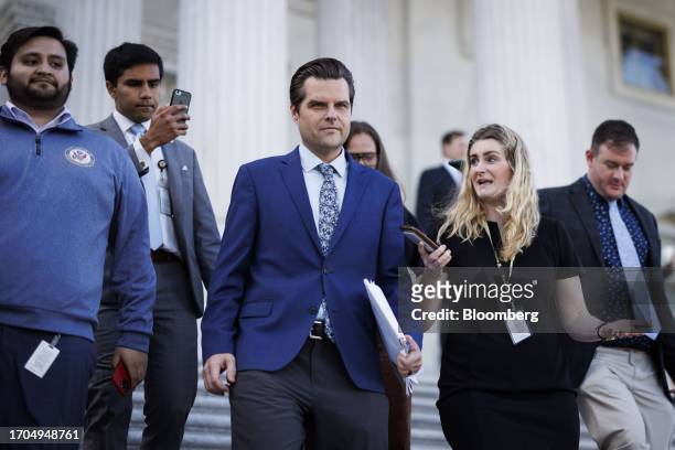 Representative Matt Gaetz, a Republican from Florida, walks out the House chamber at the US Capitol in Washington, DC, US, on Tuesday, Oct. 3, 2023....