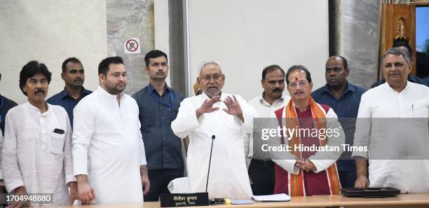 Bihar Chief Minister Nitish Kumar, Deputy Chief Minister Tejashwi Yadav. Leader of Opposition Vijay Sinha and others during an all-party meeting over...