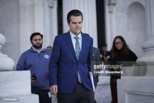 Representative Matt Gaetz, a Republican from Florida, walks out the House chamber at the US Capitol in Washington, DC, US, on Tuesday, Oct. 3, 2023....
