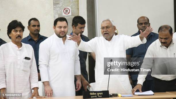 Bihar Chief Minister Nitish Kumar, Deputy Chief Minister Tejashwi Yadav and others during an all-party meeting over caste census statistics at 1,...