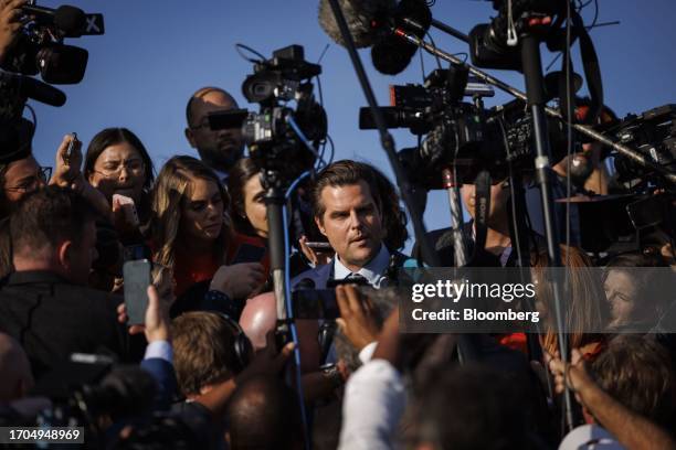 Representative Matt Gaetz, a Republican from Florida, center, speaks to members of the media outside the US Capitol in Washington, DC, US, on...