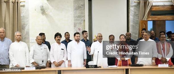 Bihar Chief Minister Nitish Kumar, Deputy Chief Minister Tejashwi Yadav. Leader of Opposition Vijay Sinha and others during an all-party meeting over...