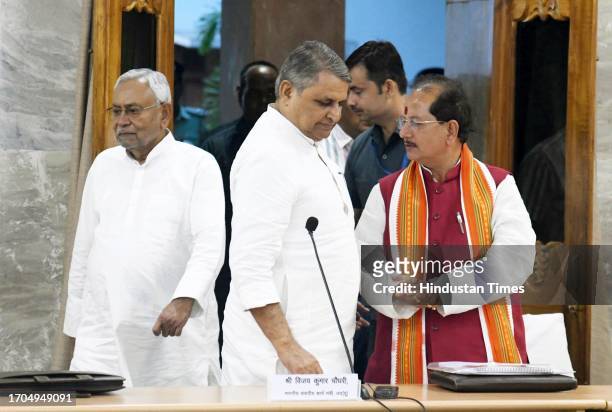 Bihar Chief Minister Nitish Kumar, leader of Opposition Vijay Sinha and Bihar Minister Vijay Choudhary during an all-party meeting over caste census...