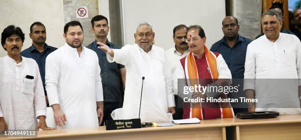 Bihar Chief Minister Nitish Kumar, Deputy Chief Minister Tejashwi Yadav. Leader of Opposition Vijay Sinha and others during an all-party meeting over...