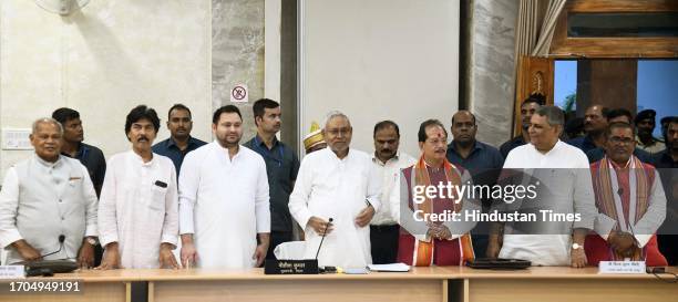 Bihar Chief Minister Nitish Kumar, Deputy Chief Minister Tejashwi Yadav. Leader of Opposition Vijay Sinha and others during an all-party meeting over...