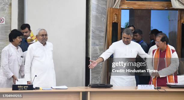 Bihar Chief Minister Nitish Kumar, leader of Opposition Vijay Sinha and Bihar Minister Vijay Choudhary during an all-party meeting over caste census...