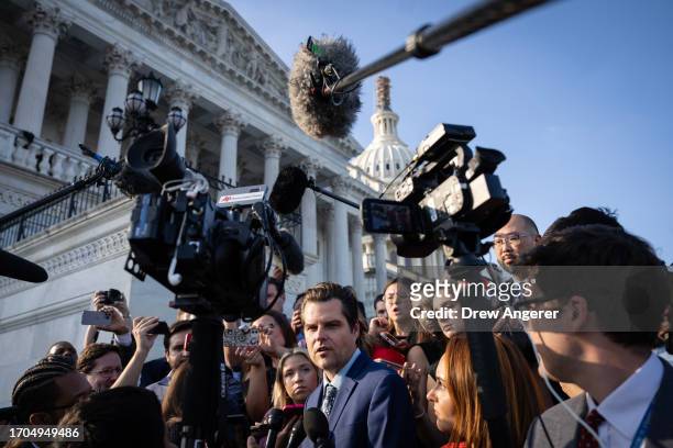 Rep. Matt Gaetz speaks to reporters as he leaves the Capitol following the ouster of House Speaker Kevin McCarthy October 3, 2023 in Washington, DC....