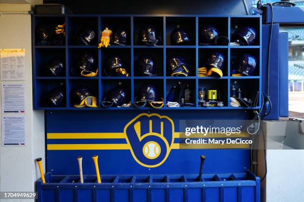 General view of Milwaukee Brewers gear in the dugout prior to Game 1 of the Wild Card Series between the Arizona Diamondbacks and the Milwaukee...