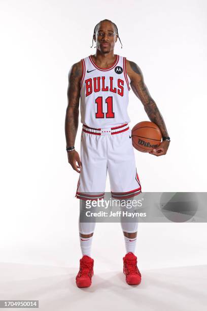 Demar DeRozan of the Chicago Bulls poses for a portrait for Media Day at the Barclays Center in Chicago, Illinois. NOTE TO USER: User expressly...