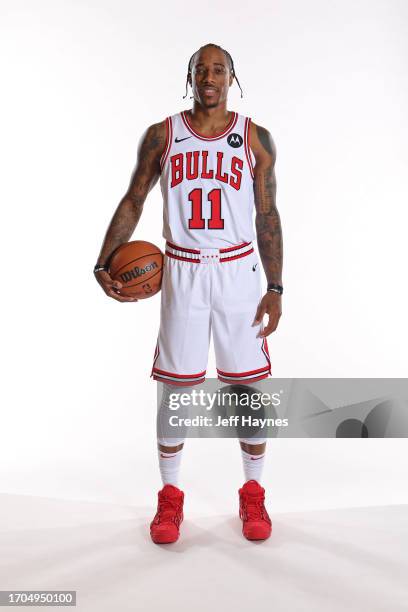 Demar DeRozan of the Chicago Bulls poses for a portrait for Media Day at the Barclays Center in Chicago, Illinois. NOTE TO USER: User expressly...