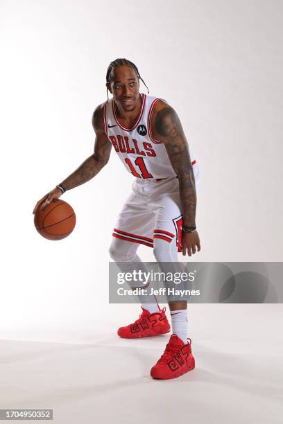 Demar DeRozan of the Chicago Bulls poses for a portrait for Media Day at the Barclays Center in Chicago, Illinois. NOTE TO USER: User expressly...