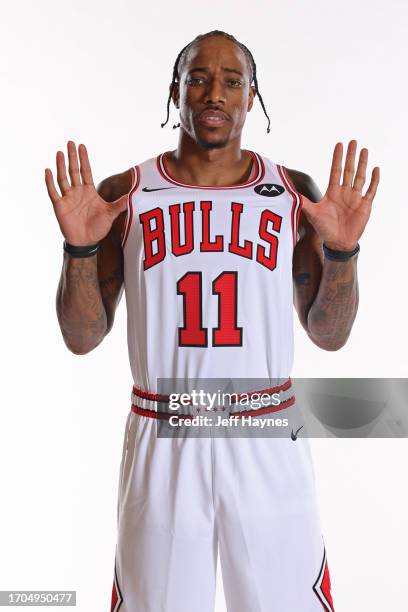 Demar DeRozan of the Chicago Bulls poses for a portrait for Media Day at the Barclays Center in Chicago, Illinois. NOTE TO USER: User expressly...