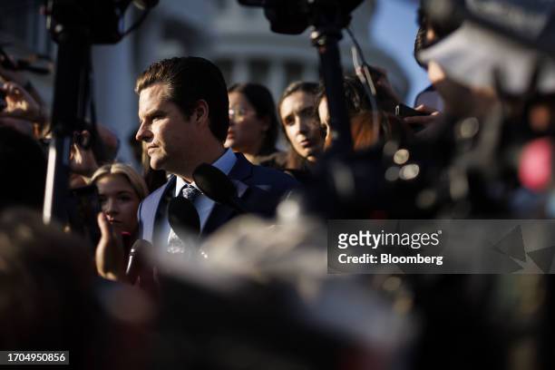 Representative Matt Gaetz, a Republican from Florida, speaks to members of the media outside the US Capitol in Washington, DC, US, on Tuesday, Oct....
