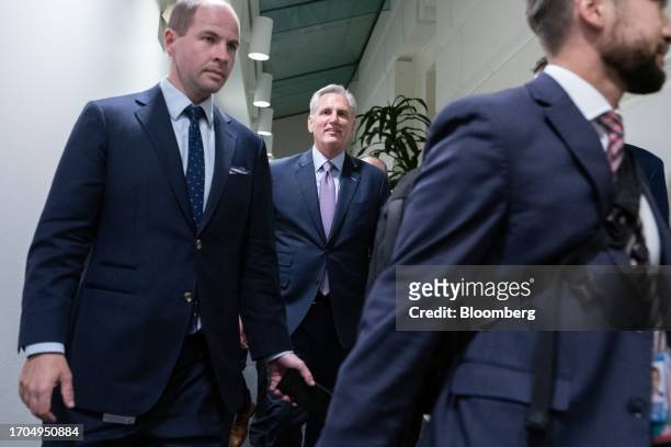 Representative Kevin McCarthy, a Republican from California, center, at the US Capitol in Washington, DC, US, on Tuesday, Oct. 3, 2023. Republican...