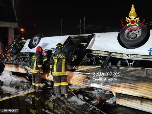 View of the scene after bus crash near Venice, on October 04, 2023 in Mestre, Italy. At least 21 people died and 12 people were injured Tuesday...