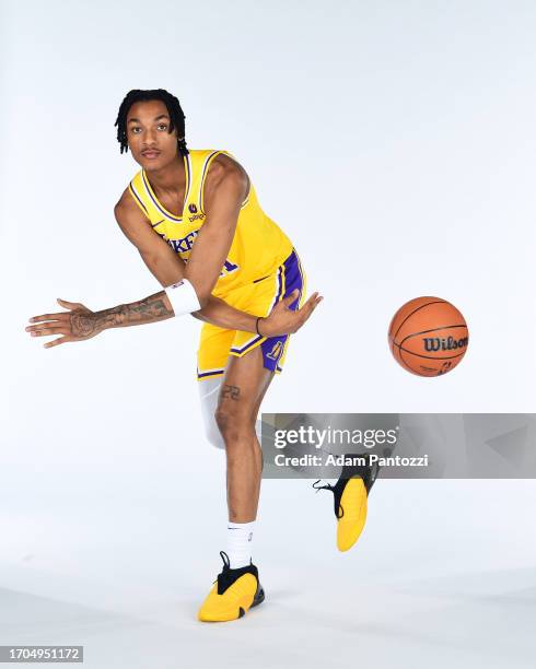 Maxwell Lewis of the Los Angeles Lakers poses for a portrait during 2023-24 NBA Media day at UCLA Health Training Center on October 02, 2023 in El...