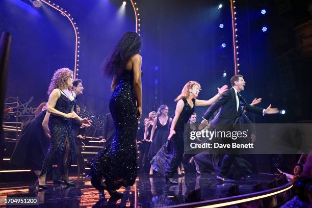 Bernadette Peters, Bonnie Langford and Gavin Lee bow at the curtain call during the press night performance of "Stephen Sondheim's Old Friends" at...