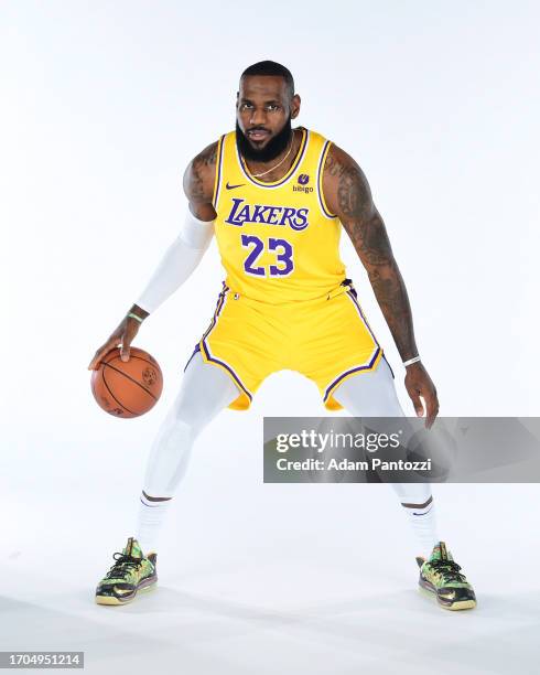 LeBron James of the Los Angeles Lakers poses for a portrait during 2023-24 NBA Media day at UCLA Health Training Center on October 02, 2023 in El...