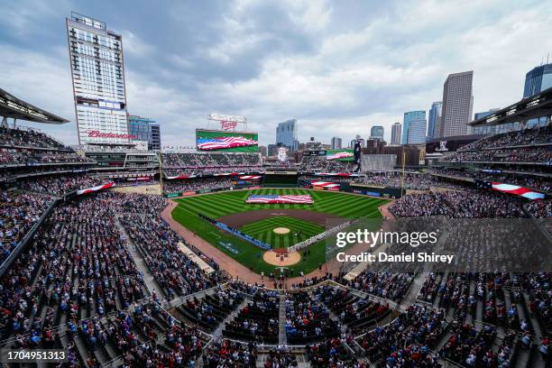 General view of Target Field during pregame ceremonies before Game 1 of the Wild Card Series between the Toronto Blue Jays and the Minnesota Twins at...