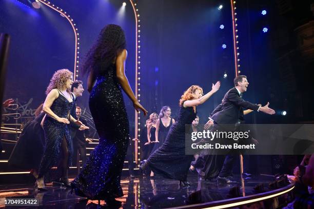 Bernadette Peters, Bonnie Langford and Gavin Lee bow at the curtain call during the press night performance of "Stephen Sondheim's Old Friends" at...