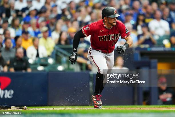 Tommy Pham of the Arizona Diamondbacks grounds out in the first inning during Game 1 of the Wild Card Series between the Arizona Diamondbacks and the...