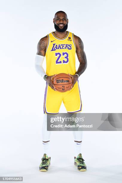 LeBron James of the Los Angeles Lakers poses for a portrait during 2023-24 NBA Media day at UCLA Health Training Center on October 02, 2023 in El...