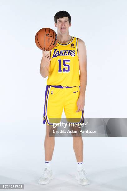 Austin Reaves of the Los Angeles Lakers poses for a portrait during 2023-24 NBA Media day at UCLA Health Training Center on October 02, 2023 in El...