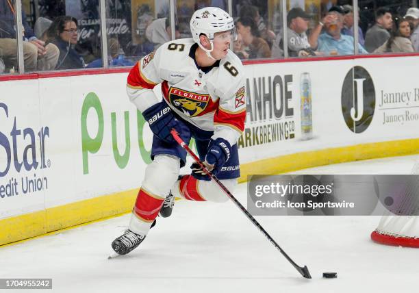 Florida Panthers defenseman Mike Reilly skates with the puck during the NHL Hockey match between the Tampa Bay Lightning and Florida Panthers on...