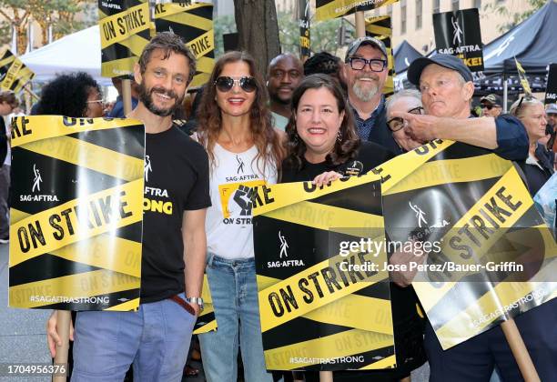 Hugh Dancy , Jill Hennessy and Bill Irwin are seen on the SAG-AFTRA picket line on October 03, 2023 in New York City.