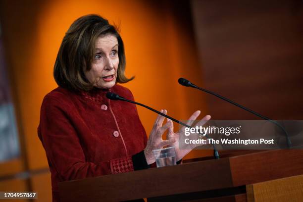 House Speaker Nancy Pelosi holds her last weekly news conference as Speaker with reporters on Capitol Hill in Washington, DC, on December 22, 2022.