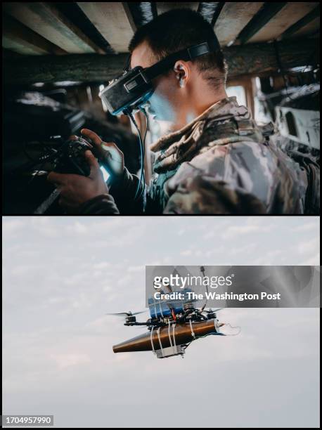 Drone operator Sapsan flies a FPV kamikaze drone from a forward bunker position on the Southern frontline near Orikhiv, Ukraine, on September 14,...