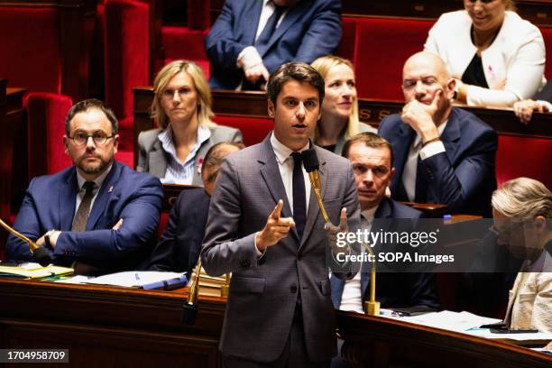 Gabriel Attal, French Minister of Education, speaks during the National Assembly. A weekly session of questions to the French government in the...