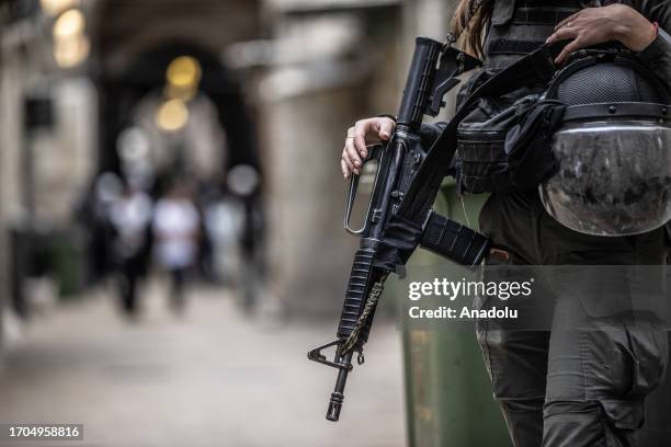 Israeli police take security measures as Activist Jewish settlers, who are under the protection of Israeli police, storm Al-Aqsa Mosque on 5th day of...