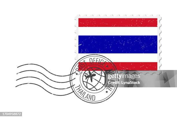 thailand grunge briefmarke. weinlese-postkarten-vektorillustration mit thailändischer nationalflagge isoliert auf weißem hintergrund. retro-stil. - mail stock illustrations stock-grafiken, -clipart, -cartoons und -symbole