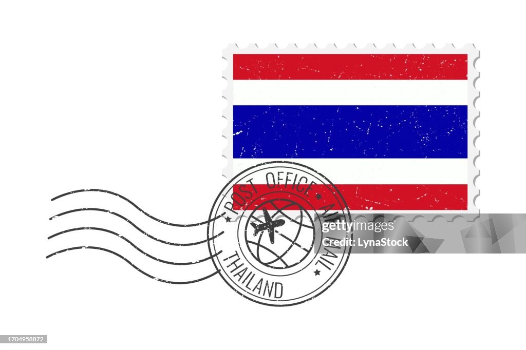 Thailand grunge postage stamp. Vintage postcard vector illustration with Thai national flag isolated on white background. Retro style.