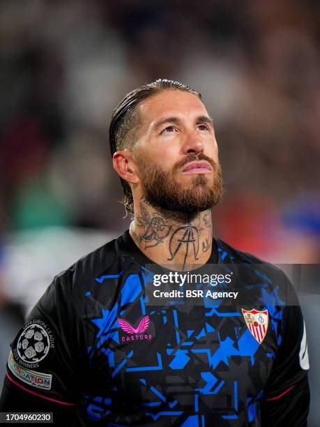 Sergio Ramos of Sevilla FC looks on prior to the UEFA Champions League Group B match between PSV Eindhoven and Sevilla FC at the Phillips Stadion on...