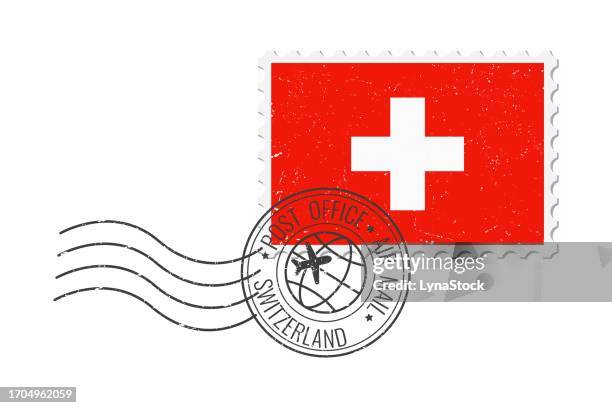 schweiz grunge briefmarke. weinlese-postkartenvektorillustration mit schweizer nationalflagge isoliert auf weißem hintergrund. retro-stil. - mail stock illustrations stock-grafiken, -clipart, -cartoons und -symbole