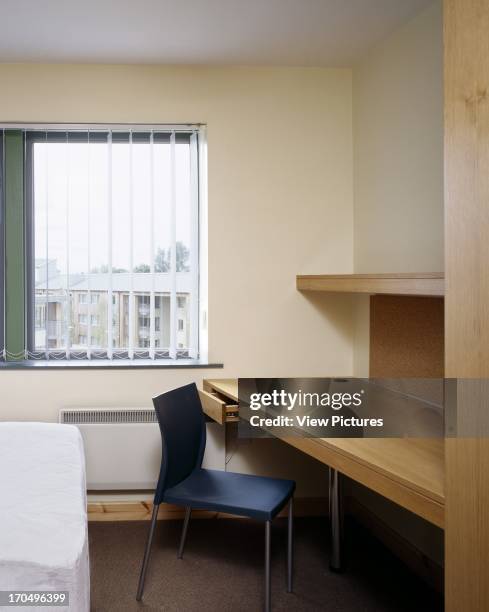 View of bedroom showing bed, desk chair and view to exterior, Thomond Student Village, Student Housing, Europe, Ireland, Limerick Murray O'Laoire...