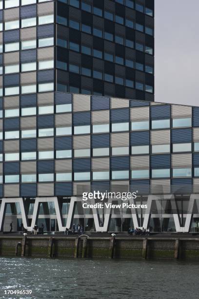 Detail of facade with River Maas, Scheepvaart en Transport College, Rotterdam, Netherlands, Architect: Neutelings Riedijk, 2005.