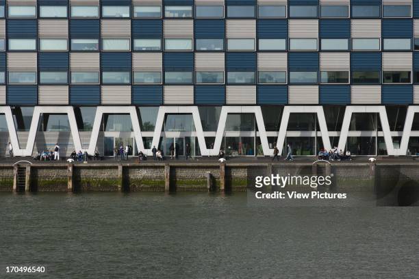 Detail of facade with River Maas, Scheepvaart en Transport College, Rotterdam, Netherlands, Architect: Neutelings Riedijk, 2005.