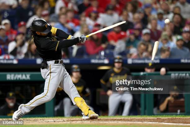 Connor Joe of the Pittsburgh Pirates hits a double during the third inning against the Philadelphia Phillies at Citizens Bank Park on September 27,...