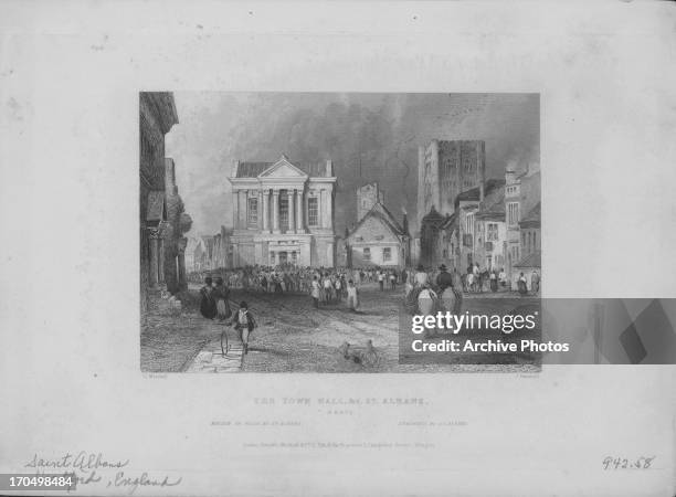 Engraving of a view the town hall in St. Albans and the bustling town square, Hertfordshire.