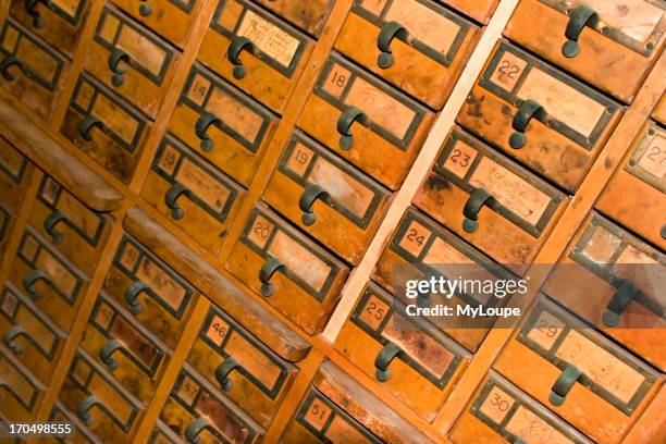 An Index Card Filing Cabinet With Labels And Holders Including Metal Handle Pulls.