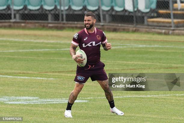 Adam Reynolds of the Broncos warms up during a Brisbane Broncos NRL training session at Leichhardt Oval on September 28, 2023 in Sydney, Australia.