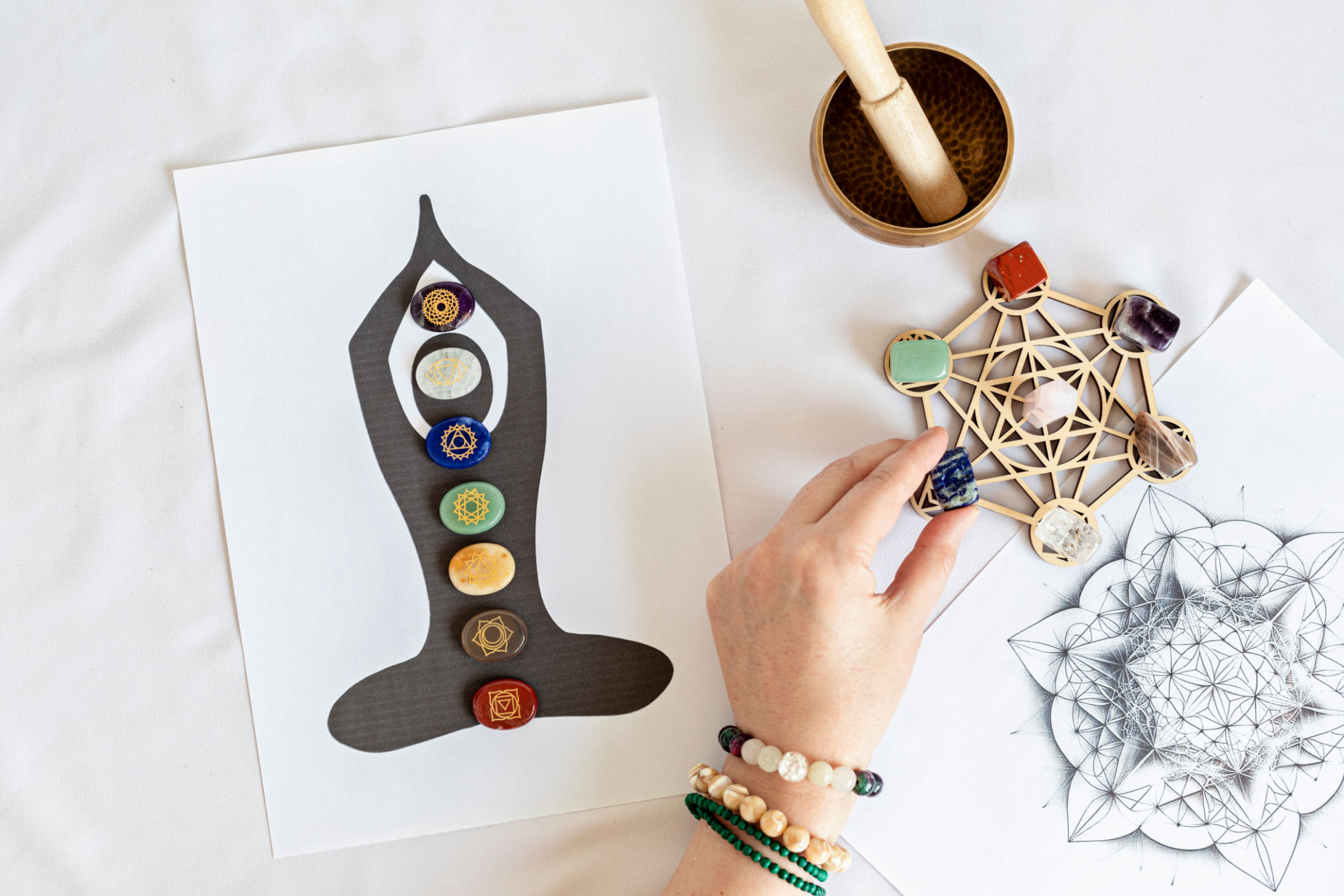 Healing chakra crystal grid therapy. Rituals with gemstones for wellness, healing, meditation, destress, relaxation, mental health, spiritual practices. Energetical power concept Healing chakra crystal grid therapy. Rituals with gemstones for wellness, healing, meditation, destress, relaxation, mental health, spiritual practices. Energetical power concept