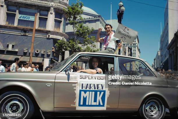 Campaign manager and activist Anne Kronenberg drives newly elected Supervisor Harvey Milk in the San Francisco LGBT Pride Parade, June 25, 1978.