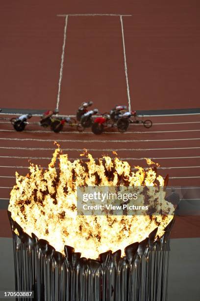 Abstract view from above showing cauldron with Paralympic athletes, Olympic Cauldron, Art Installation, Europe, United Kingdom Heatherwick Studio.